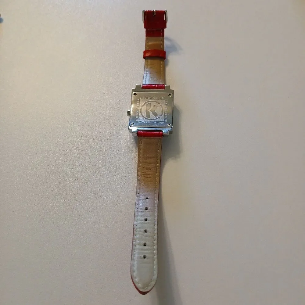 K&Bros Italian Design Square Quartz Watch Red Leather Strap Sub Seconds Silver